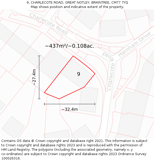 9, CHARLECOTE ROAD, GREAT NOTLEY, BRAINTREE, CM77 7YQ: Plot and title map