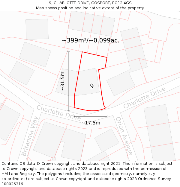 9, CHARLOTTE DRIVE, GOSPORT, PO12 4GS: Plot and title map