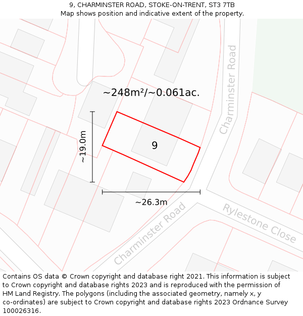 9, CHARMINSTER ROAD, STOKE-ON-TRENT, ST3 7TB: Plot and title map