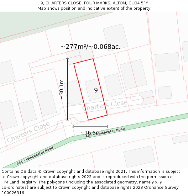 9, CHARTERS CLOSE, FOUR MARKS, ALTON, GU34 5FY: Plot and title map