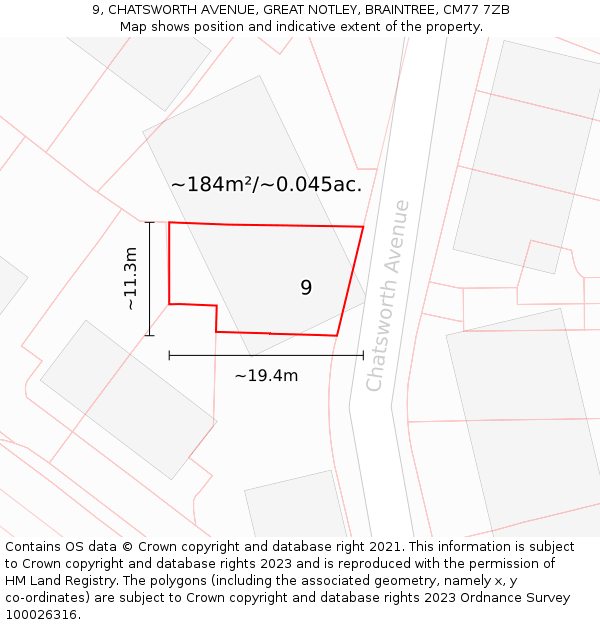 9, CHATSWORTH AVENUE, GREAT NOTLEY, BRAINTREE, CM77 7ZB: Plot and title map