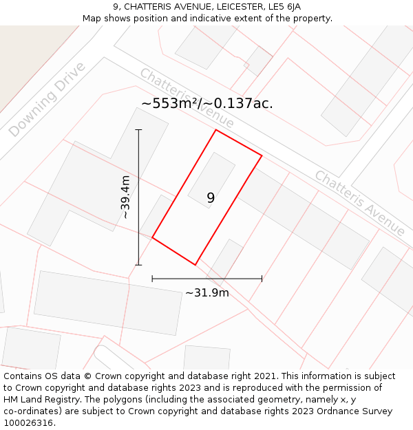 9, CHATTERIS AVENUE, LEICESTER, LE5 6JA: Plot and title map