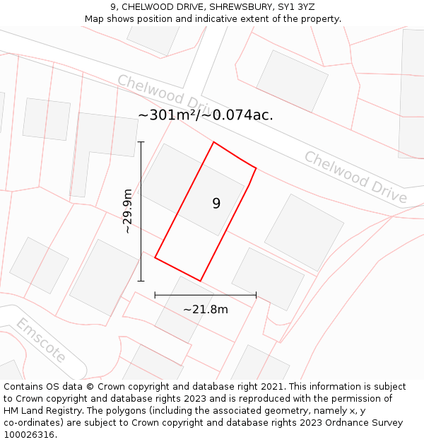 9, CHELWOOD DRIVE, SHREWSBURY, SY1 3YZ: Plot and title map