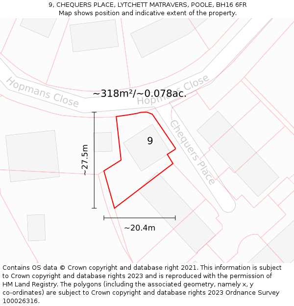 9, CHEQUERS PLACE, LYTCHETT MATRAVERS, POOLE, BH16 6FR: Plot and title map