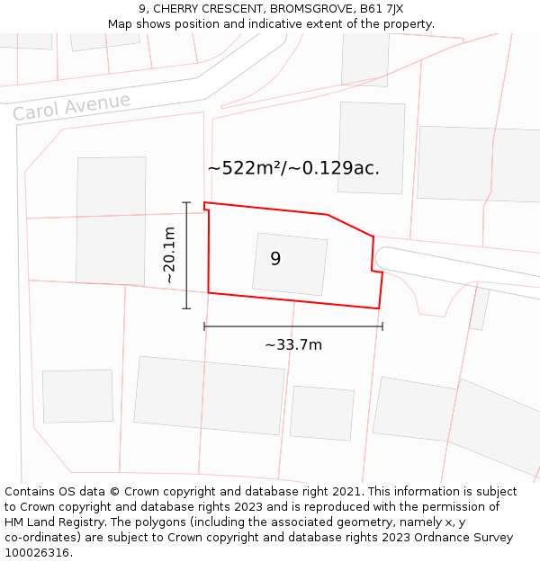 9, CHERRY CRESCENT, BROMSGROVE, B61 7JX: Plot and title map