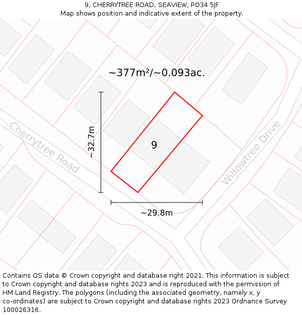 9, CHERRYTREE ROAD, SEAVIEW, PO34 5JF: Plot and title map