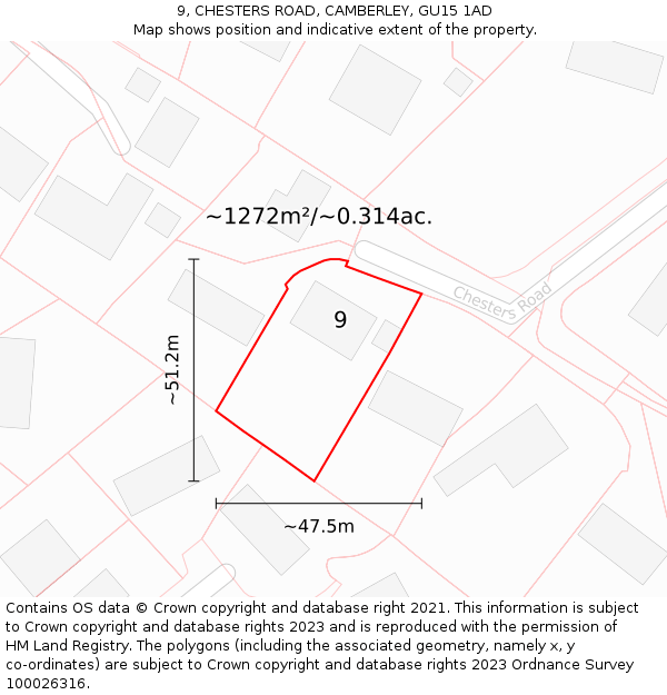 9, CHESTERS ROAD, CAMBERLEY, GU15 1AD: Plot and title map
