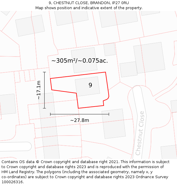9, CHESTNUT CLOSE, BRANDON, IP27 0RU: Plot and title map