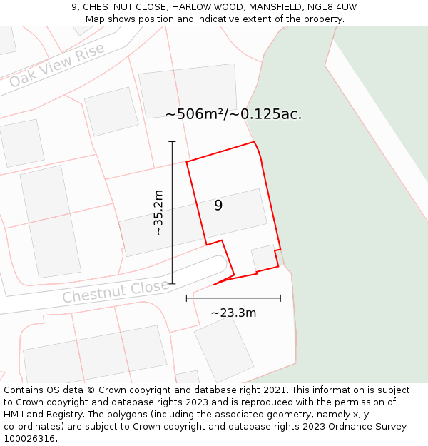 9, CHESTNUT CLOSE, HARLOW WOOD, MANSFIELD, NG18 4UW: Plot and title map