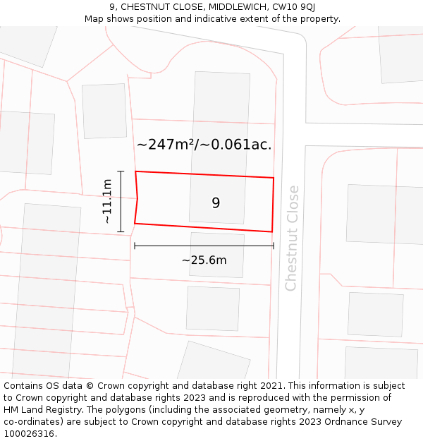 9, CHESTNUT CLOSE, MIDDLEWICH, CW10 9QJ: Plot and title map