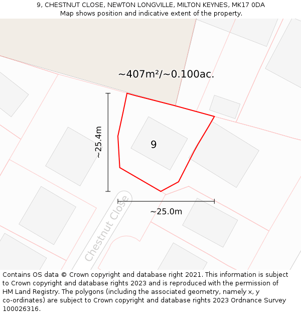 9, CHESTNUT CLOSE, NEWTON LONGVILLE, MILTON KEYNES, MK17 0DA: Plot and title map