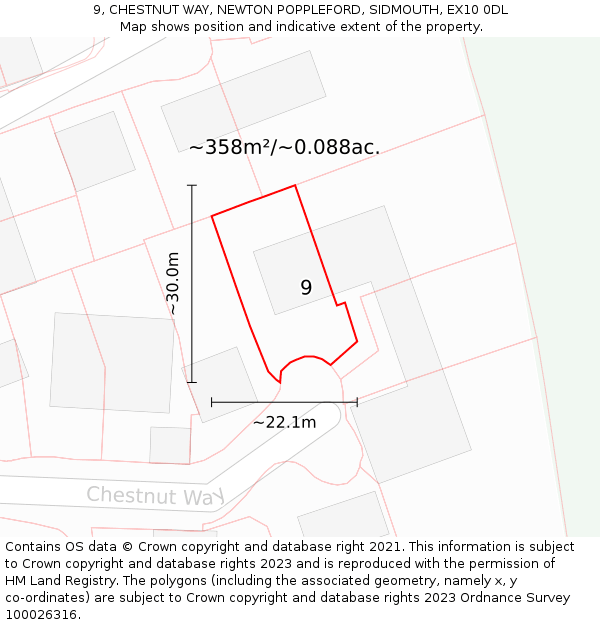 9, CHESTNUT WAY, NEWTON POPPLEFORD, SIDMOUTH, EX10 0DL: Plot and title map