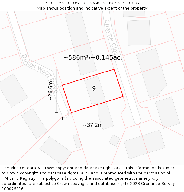 9, CHEYNE CLOSE, GERRARDS CROSS, SL9 7LG: Plot and title map