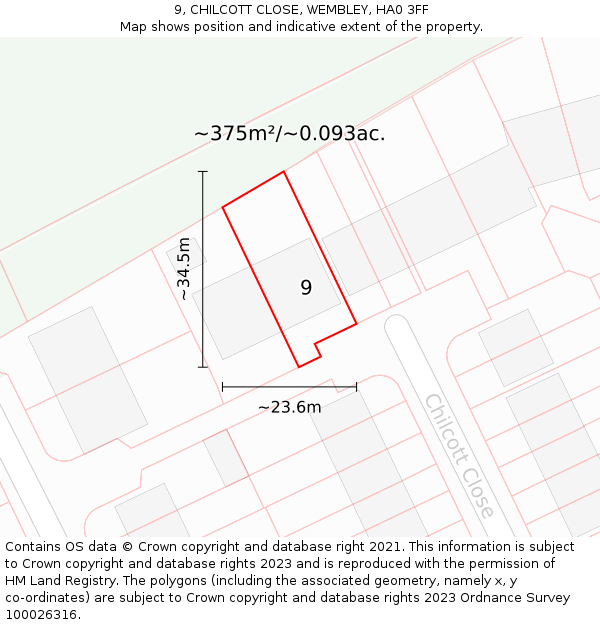 9, CHILCOTT CLOSE, WEMBLEY, HA0 3FF: Plot and title map