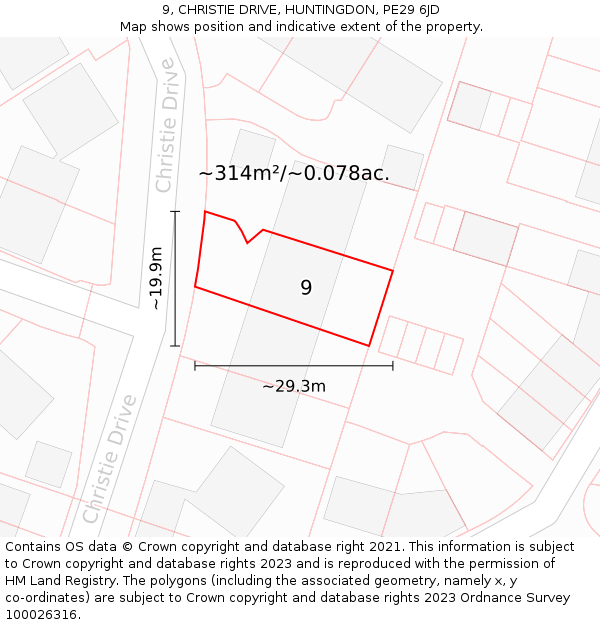 9, CHRISTIE DRIVE, HUNTINGDON, PE29 6JD: Plot and title map