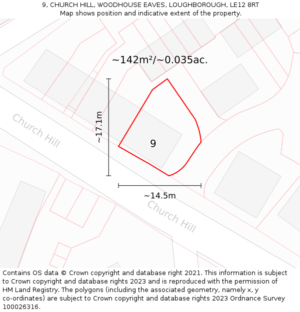 9, CHURCH HILL, WOODHOUSE EAVES, LOUGHBOROUGH, LE12 8RT: Plot and title map