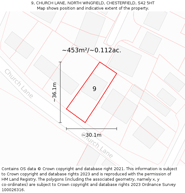 9, CHURCH LANE, NORTH WINGFIELD, CHESTERFIELD, S42 5HT: Plot and title map