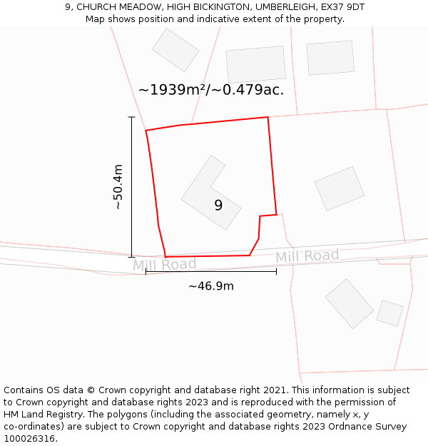 9, CHURCH MEADOW, HIGH BICKINGTON, UMBERLEIGH, EX37 9DT: Plot and title map