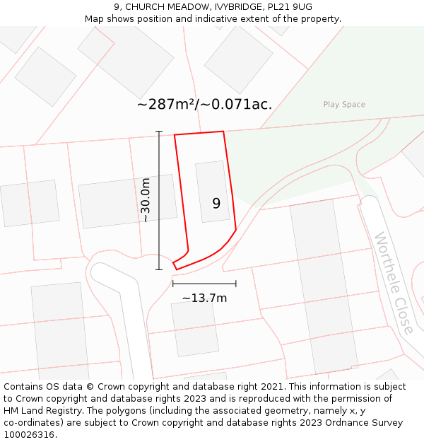 9, CHURCH MEADOW, IVYBRIDGE, PL21 9UG: Plot and title map