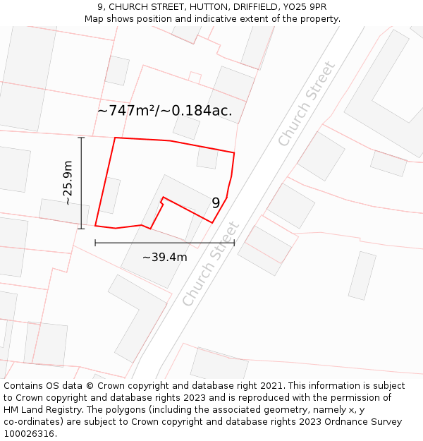 9, CHURCH STREET, HUTTON, DRIFFIELD, YO25 9PR: Plot and title map