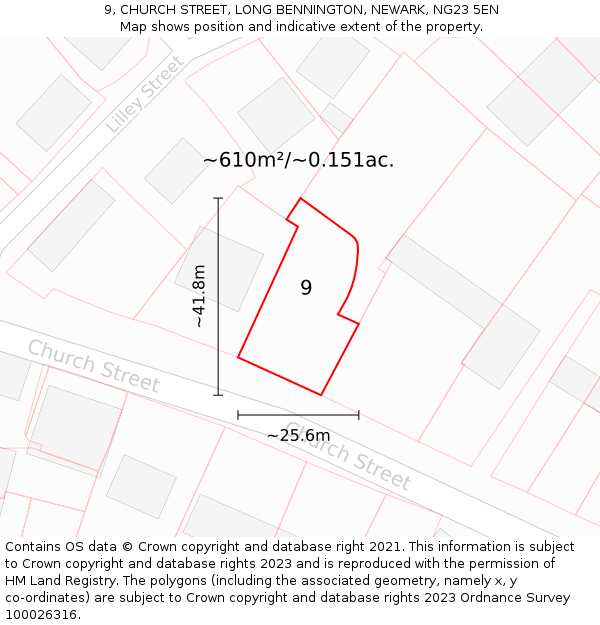 9, CHURCH STREET, LONG BENNINGTON, NEWARK, NG23 5EN: Plot and title map