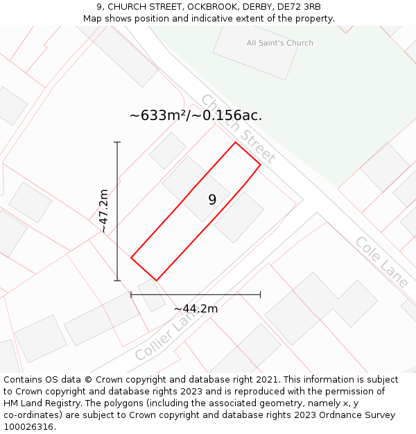 9, CHURCH STREET, OCKBROOK, DERBY, DE72 3RB: Plot and title map