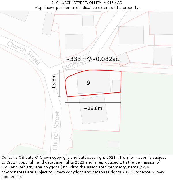9, CHURCH STREET, OLNEY, MK46 4AD: Plot and title map