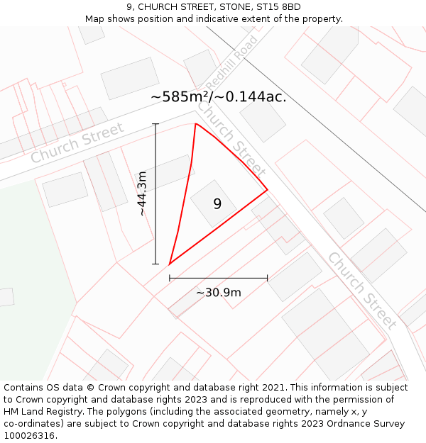 9, CHURCH STREET, STONE, ST15 8BD: Plot and title map