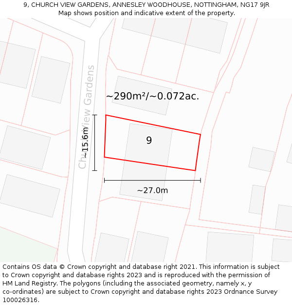 9, CHURCH VIEW GARDENS, ANNESLEY WOODHOUSE, NOTTINGHAM, NG17 9JR: Plot and title map