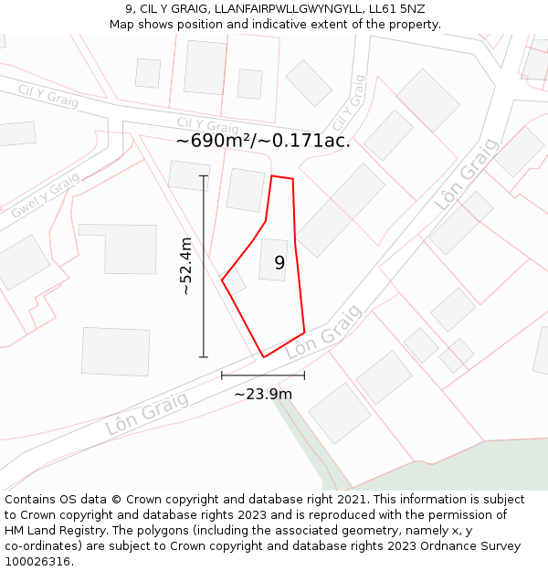 9, CIL Y GRAIG, LLANFAIRPWLLGWYNGYLL, LL61 5NZ: Plot and title map