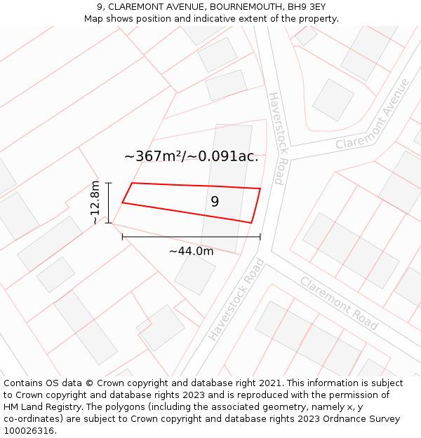 9, CLAREMONT AVENUE, BOURNEMOUTH, BH9 3EY: Plot and title map