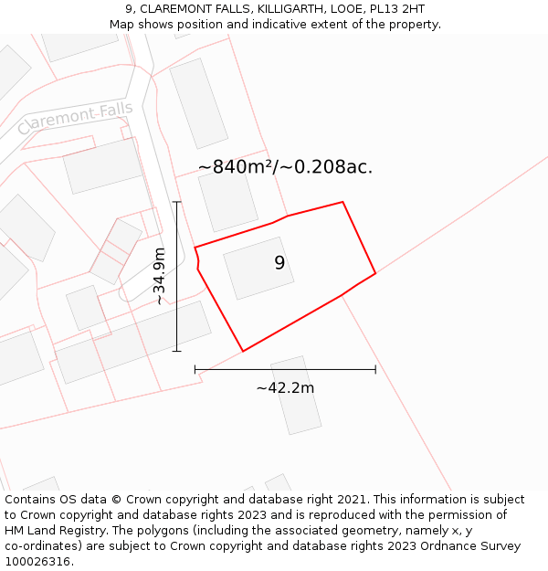 9, CLAREMONT FALLS, KILLIGARTH, LOOE, PL13 2HT: Plot and title map