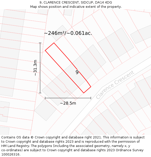 9, CLARENCE CRESCENT, SIDCUP, DA14 4DG: Plot and title map