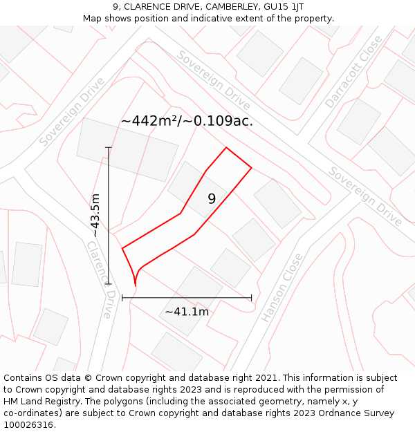 9, CLARENCE DRIVE, CAMBERLEY, GU15 1JT: Plot and title map