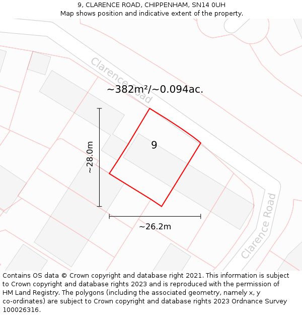 9, CLARENCE ROAD, CHIPPENHAM, SN14 0UH: Plot and title map