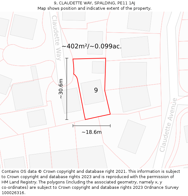 9, CLAUDETTE WAY, SPALDING, PE11 1AJ: Plot and title map