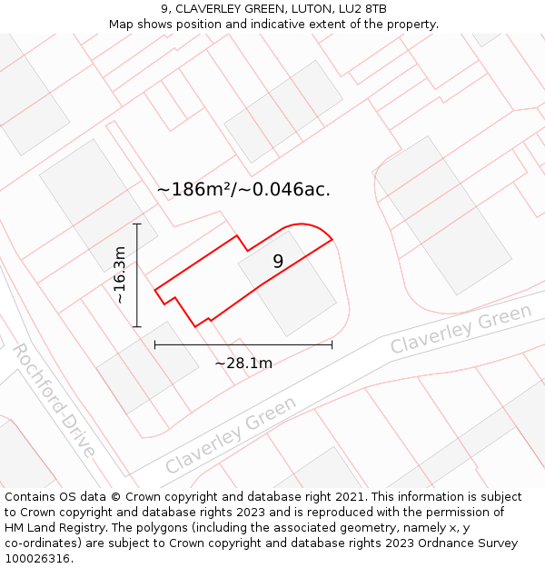 9, CLAVERLEY GREEN, LUTON, LU2 8TB: Plot and title map