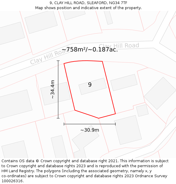 9, CLAY HILL ROAD, SLEAFORD, NG34 7TF: Plot and title map