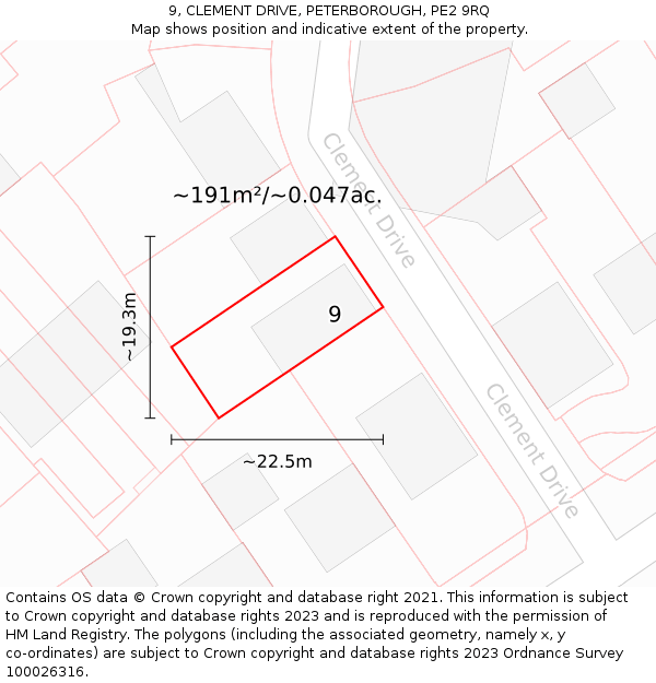 9, CLEMENT DRIVE, PETERBOROUGH, PE2 9RQ: Plot and title map