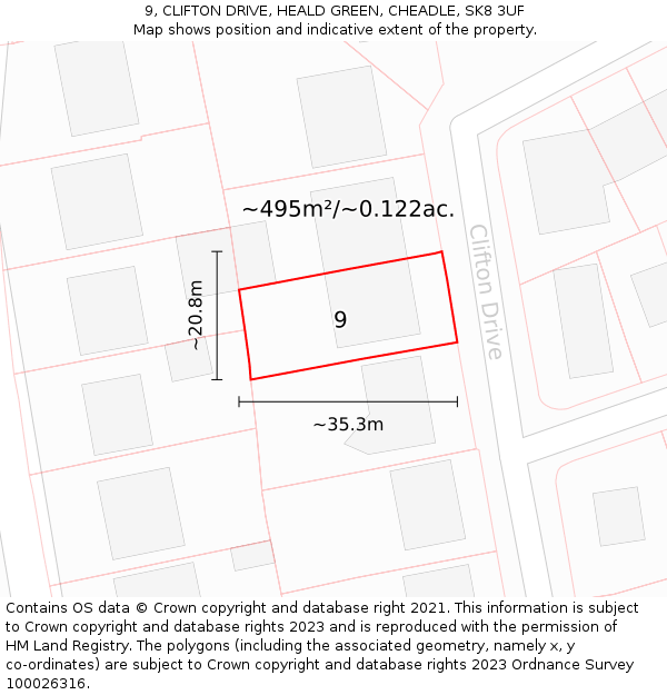 9, CLIFTON DRIVE, HEALD GREEN, CHEADLE, SK8 3UF: Plot and title map