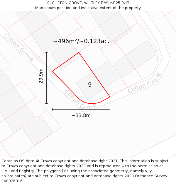 9, CLIFTON GROVE, WHITLEY BAY, NE25 9UB: Plot and title map
