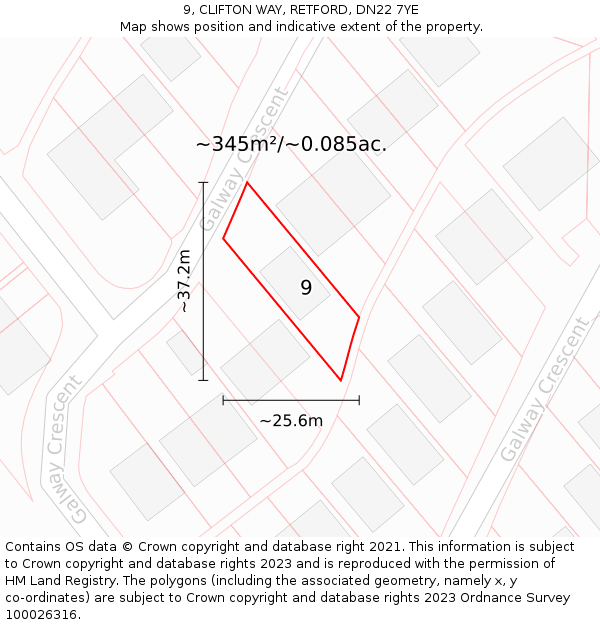 9, CLIFTON WAY, RETFORD, DN22 7YE: Plot and title map