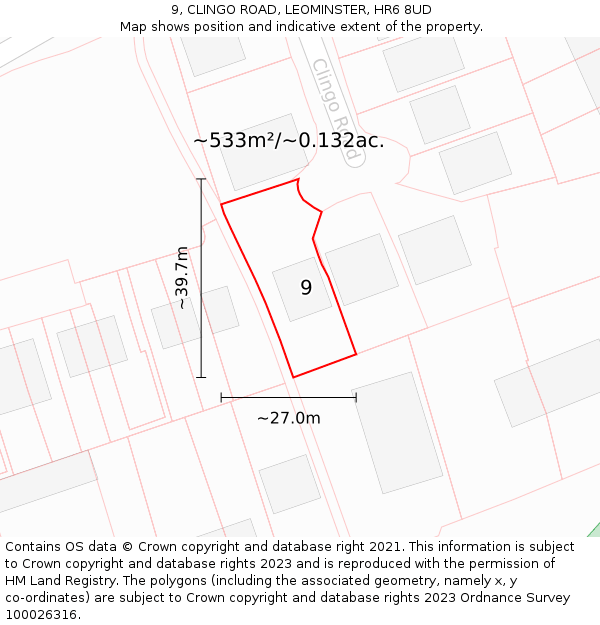 9, CLINGO ROAD, LEOMINSTER, HR6 8UD: Plot and title map