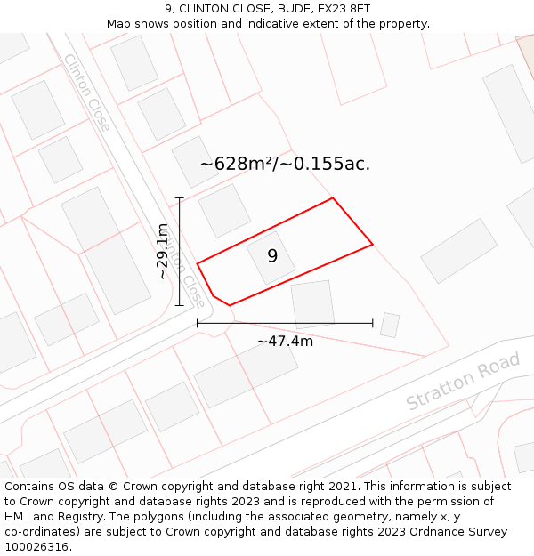 9, CLINTON CLOSE, BUDE, EX23 8ET: Plot and title map