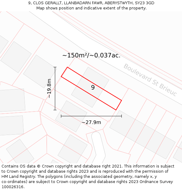 9, CLOS GERALLT, LLANBADARN FAWR, ABERYSTWYTH, SY23 3GD: Plot and title map