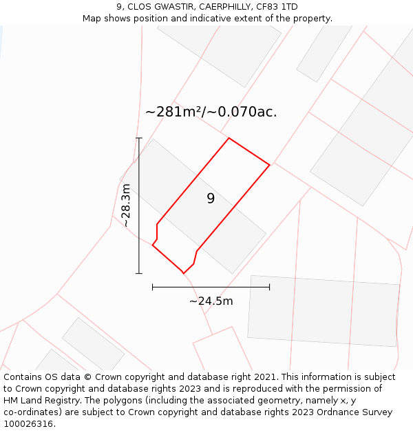 9, CLOS GWASTIR, CAERPHILLY, CF83 1TD: Plot and title map