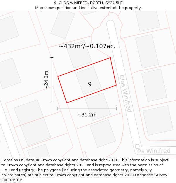 9, CLOS WINIFRED, BORTH, SY24 5LE: Plot and title map