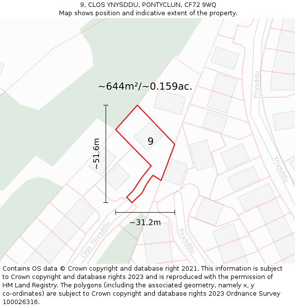 9, CLOS YNYSDDU, PONTYCLUN, CF72 9WQ: Plot and title map