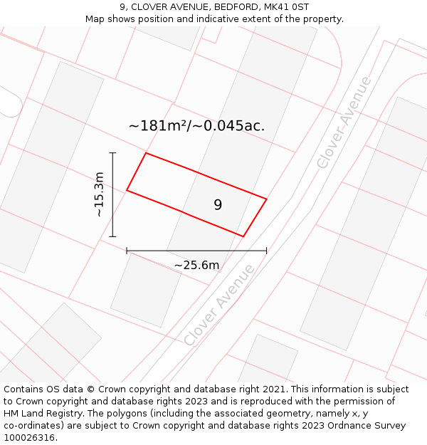 9, CLOVER AVENUE, BEDFORD, MK41 0ST: Plot and title map