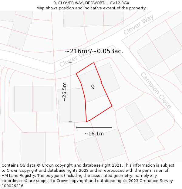 9, CLOVER WAY, BEDWORTH, CV12 0GX: Plot and title map